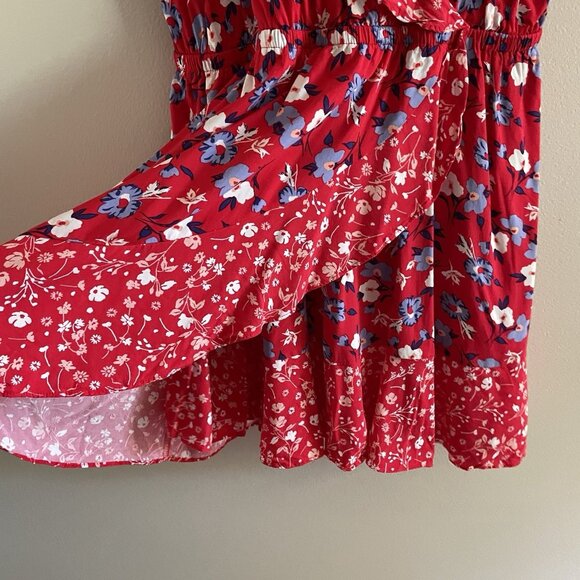 Express Women Sz L Red Floral Faux Wrap Adj Spaghetti Strap Ruffled Sundress - Picture 4 of 11